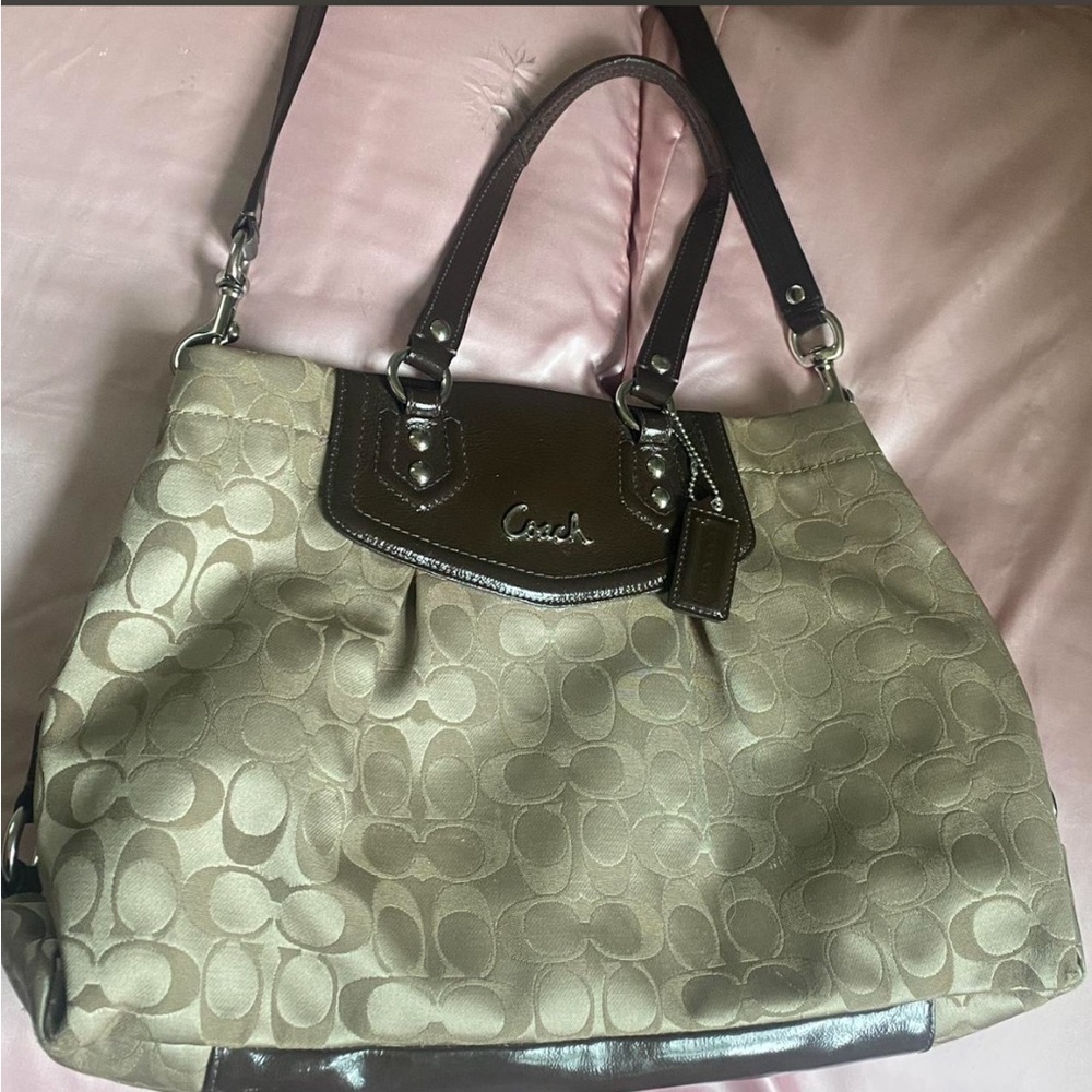 Coach Tan and Brown Signature Tote with Leather Trim